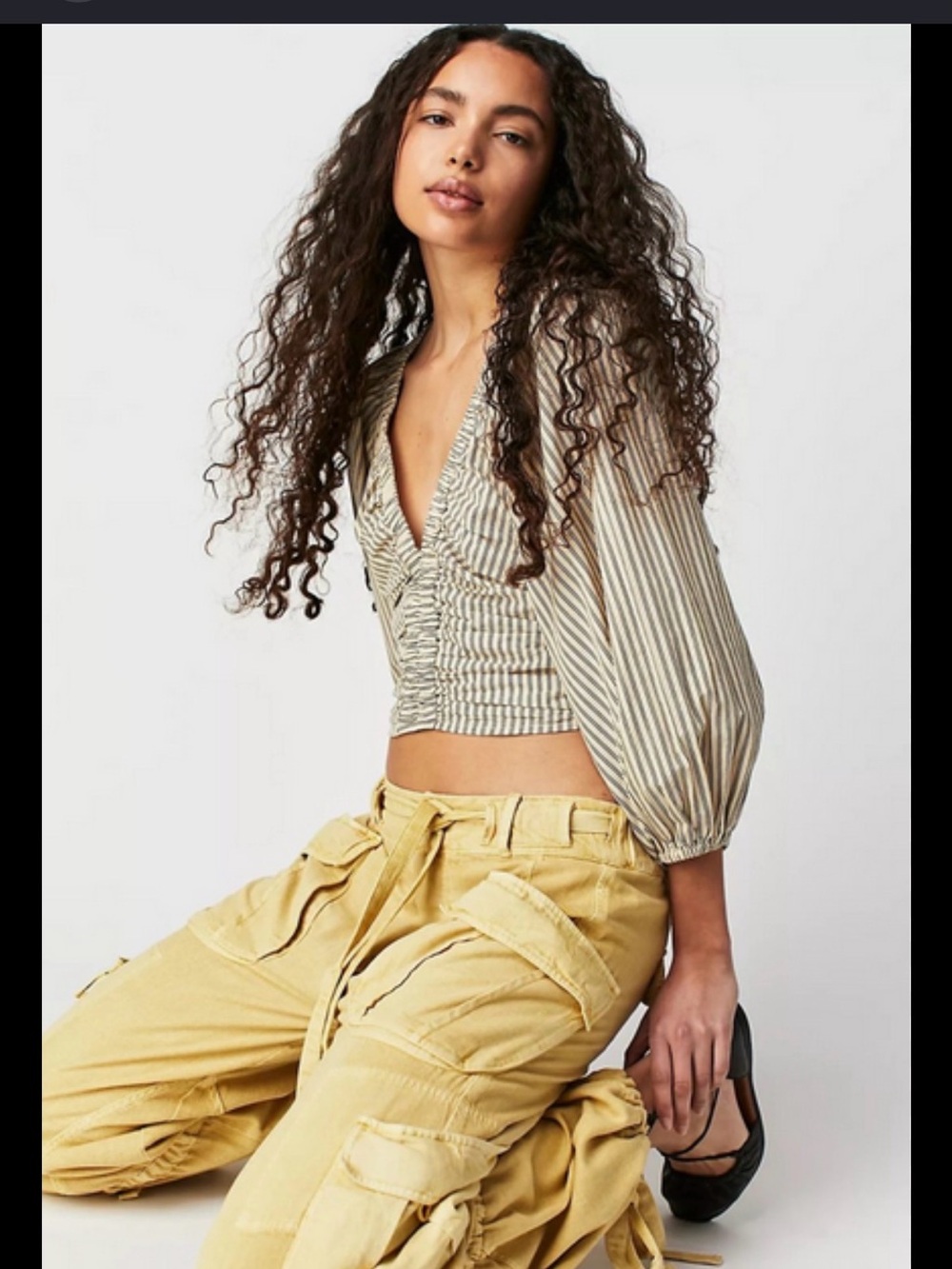 Striped V-Neck Cropped Blouse - Cream/Olive